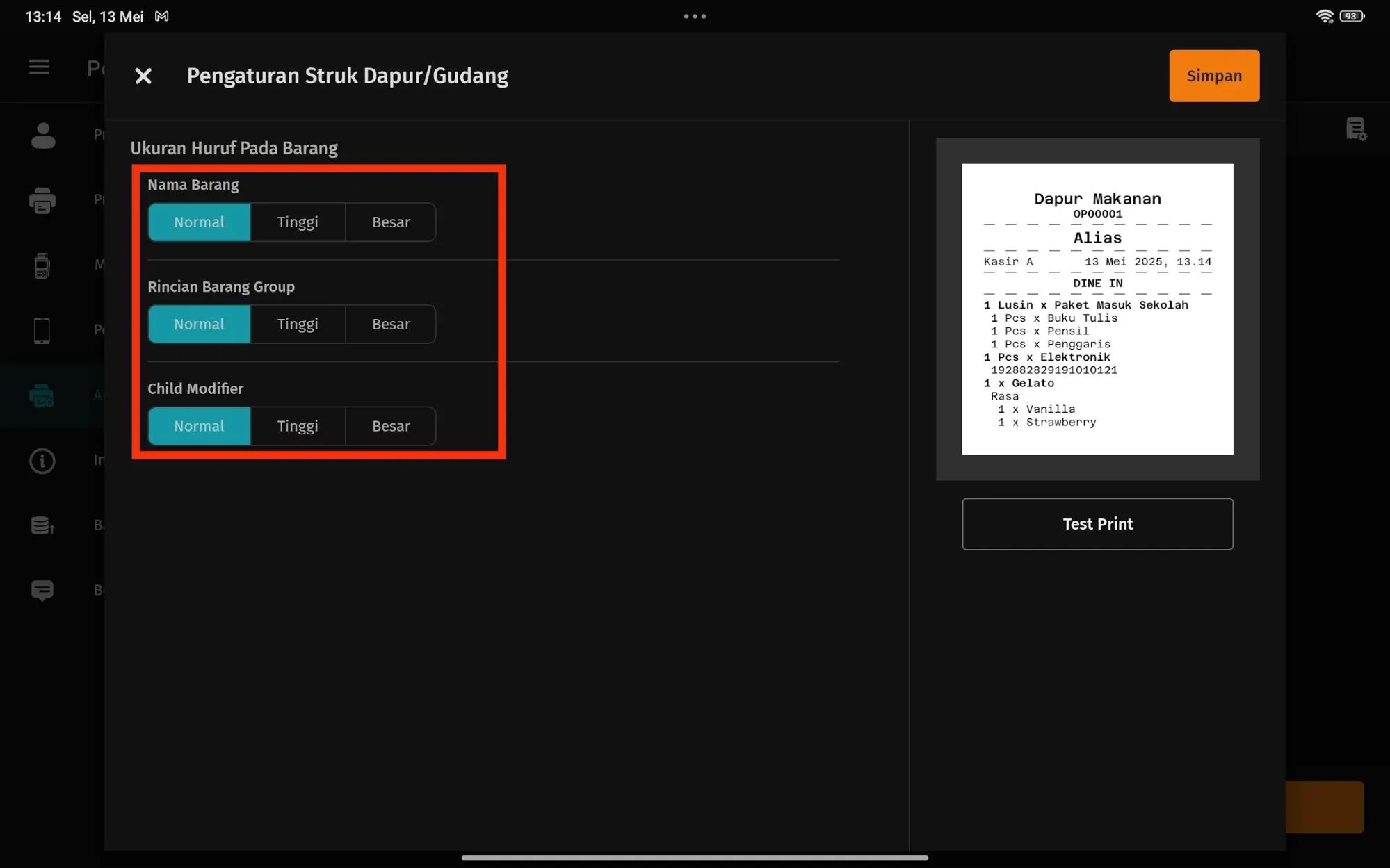 ubah ukuran teks struk gudang/dapur